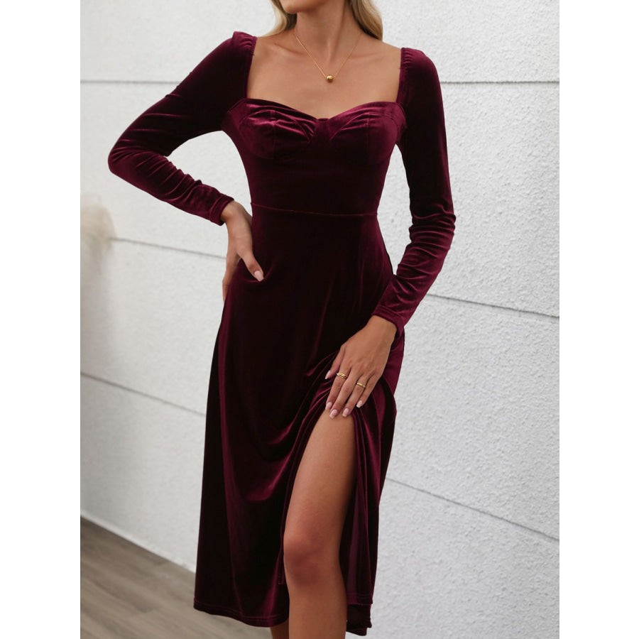 Perfee Sweetheart Neck Long Sleeve Midi Dress Apparel and Accessories