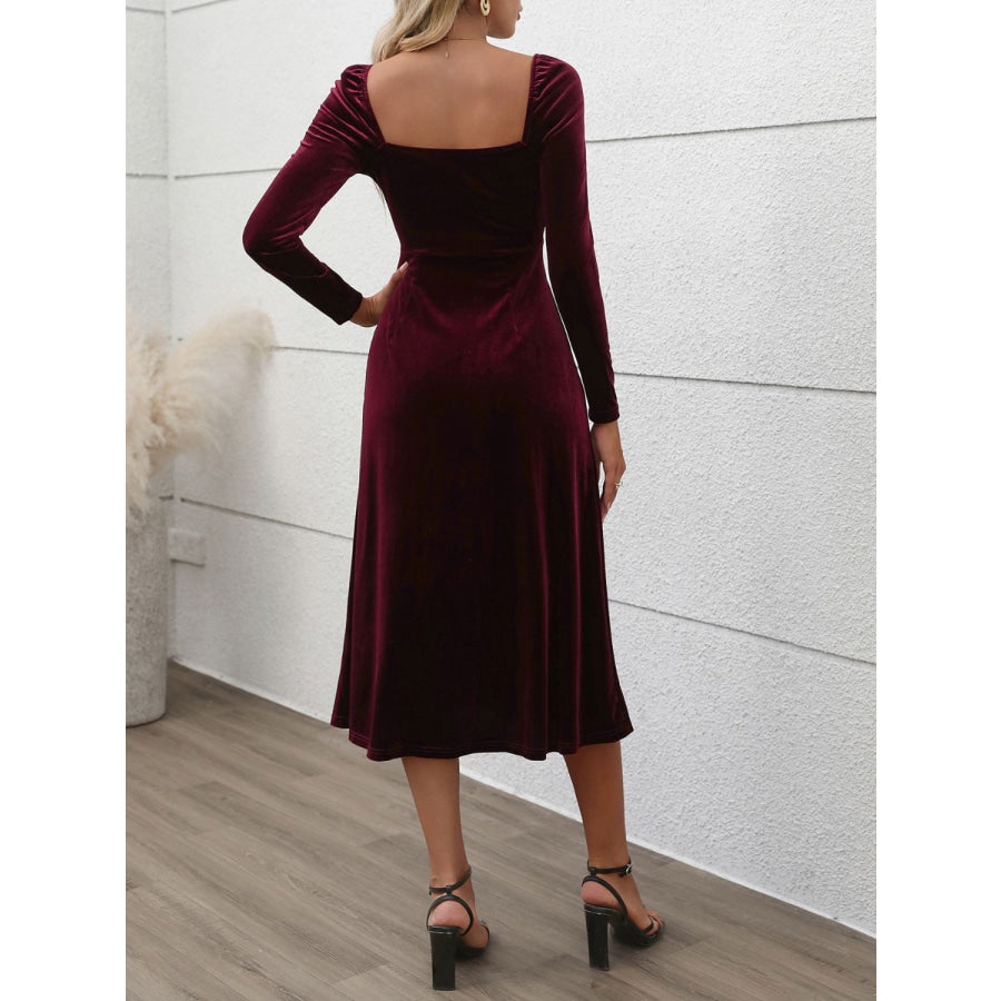 Perfee Sweetheart Neck Long Sleeve Midi Dress Apparel and Accessories