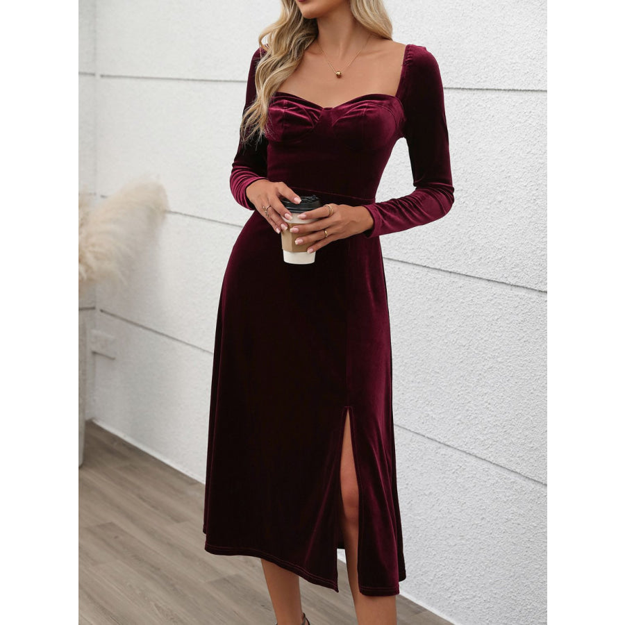 Perfee Sweetheart Neck Long Sleeve Midi Dress Apparel and Accessories