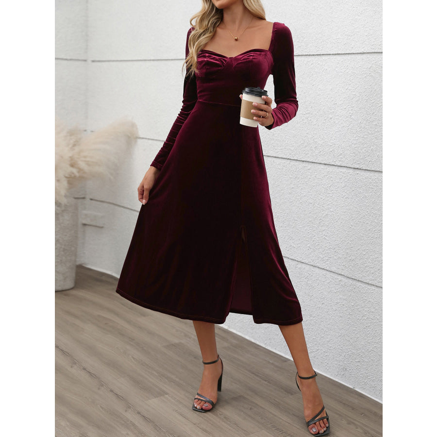 Perfee Sweetheart Neck Long Sleeve Midi Dress Burgundy / S Apparel and Accessories