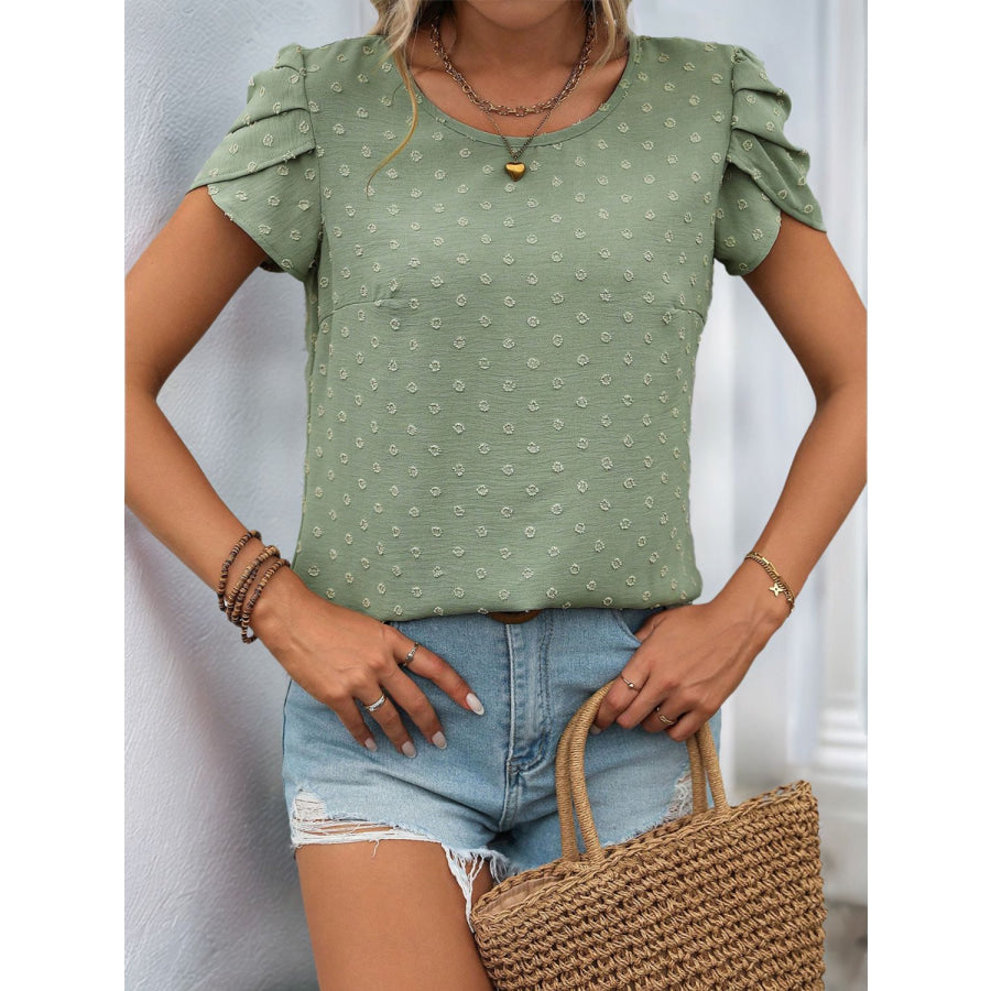 Perfee Swiss Dot Round Neck Petal Sleeve Blouse Apparel and Accessories