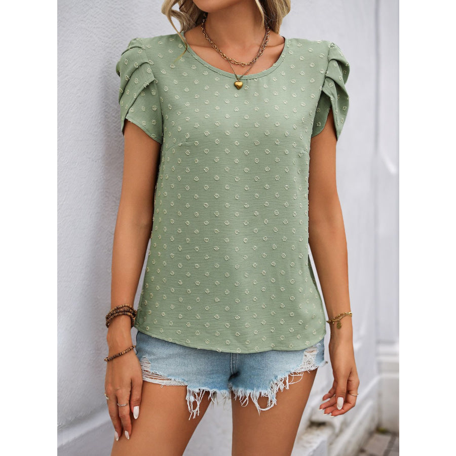 Perfee Swiss Dot Round Neck Petal Sleeve Blouse Sage / S Apparel and Accessories