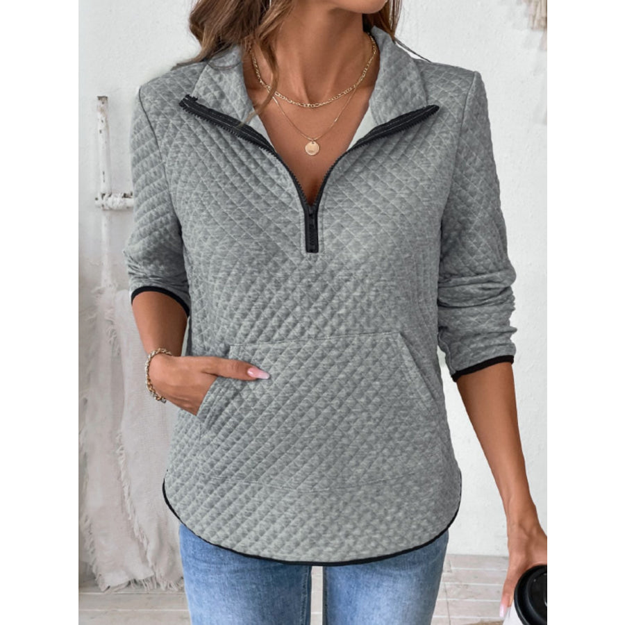 Perfee Texture Half Zip Long Sleeve Sweatshirt Apparel and Accessories