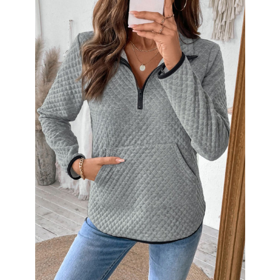 Perfee Texture Half Zip Long Sleeve Sweatshirt Apparel and Accessories