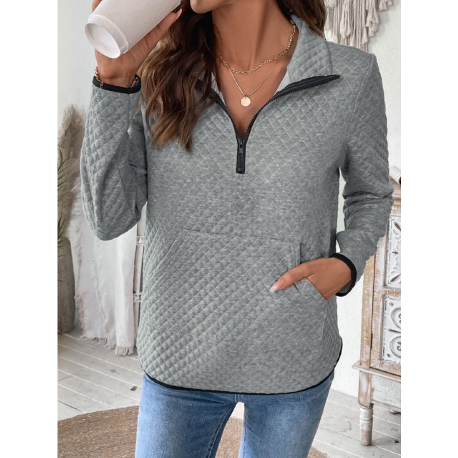 Perfee Texture Half Zip Long Sleeve Sweatshirt Apparel and Accessories