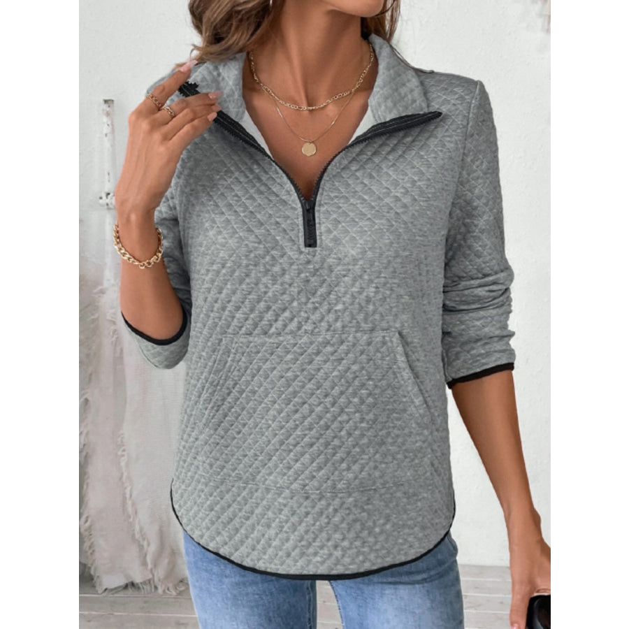 Perfee Texture Half Zip Long Sleeve Sweatshirt Apparel and Accessories