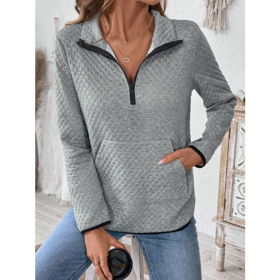 Perfee Texture Half Zip Long Sleeve Sweatshirt Gray / S Apparel and Accessories