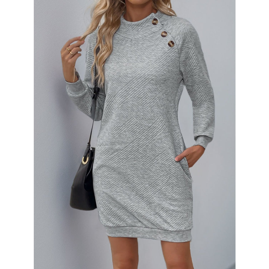 Perfee Texture Mock Neck Long Sleeve Mini Dress Gray / S Apparel and Accessories