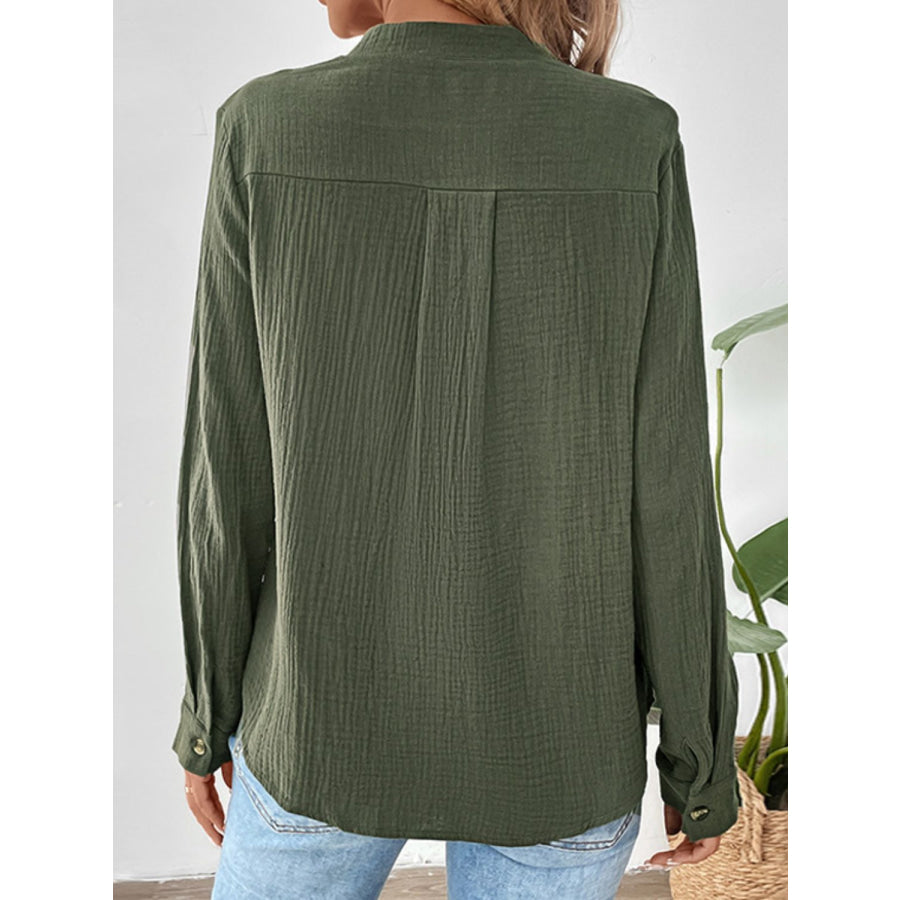 Perfee Textured Notched Long Sleeve Blouse Apparel and Accessories