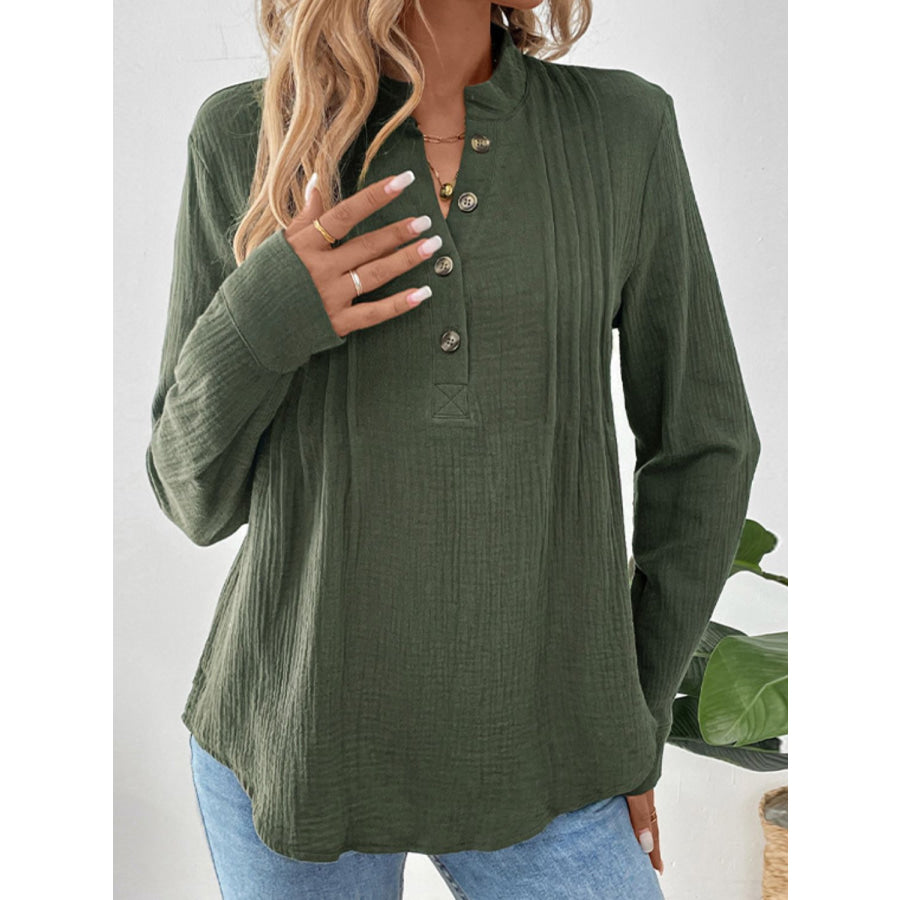 Perfee Textured Notched Long Sleeve Blouse Army Green / S Apparel and Accessories