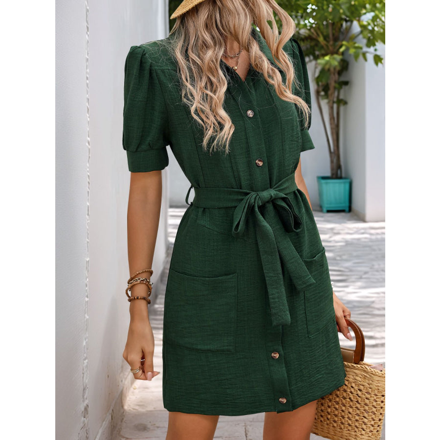 Perfee Tie Waist Button Down Short Sleeve Mini Dress Apparel and Accessories