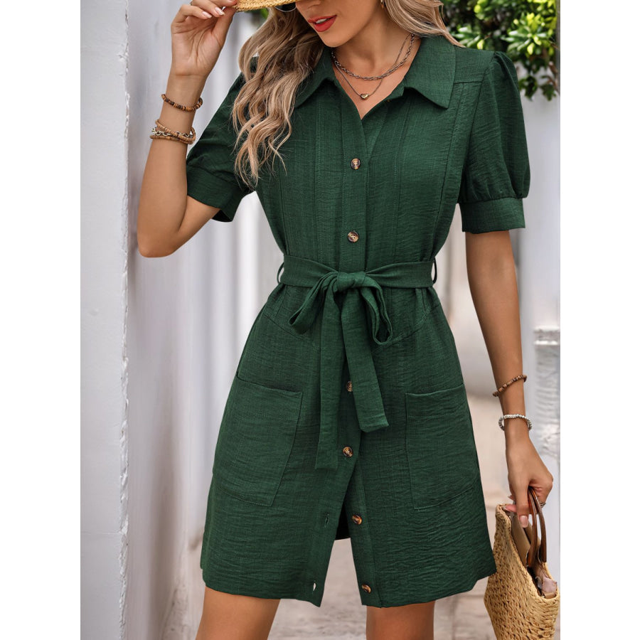 Perfee Tie Waist Button Down Short Sleeve Mini Dress Apparel and Accessories