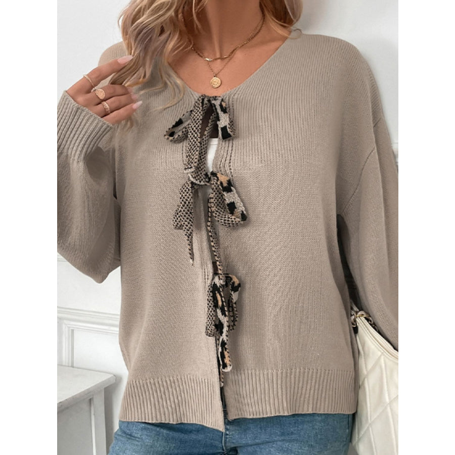 Perfee Tied Contrast Heart V-Neck Long Sleeve Cardigan Apparel and Accessories