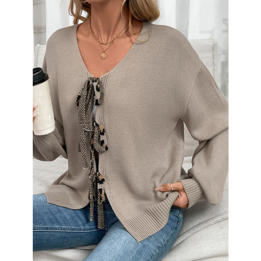 Perfee Tied Contrast Heart V-Neck Long Sleeve Cardigan Apparel and Accessories