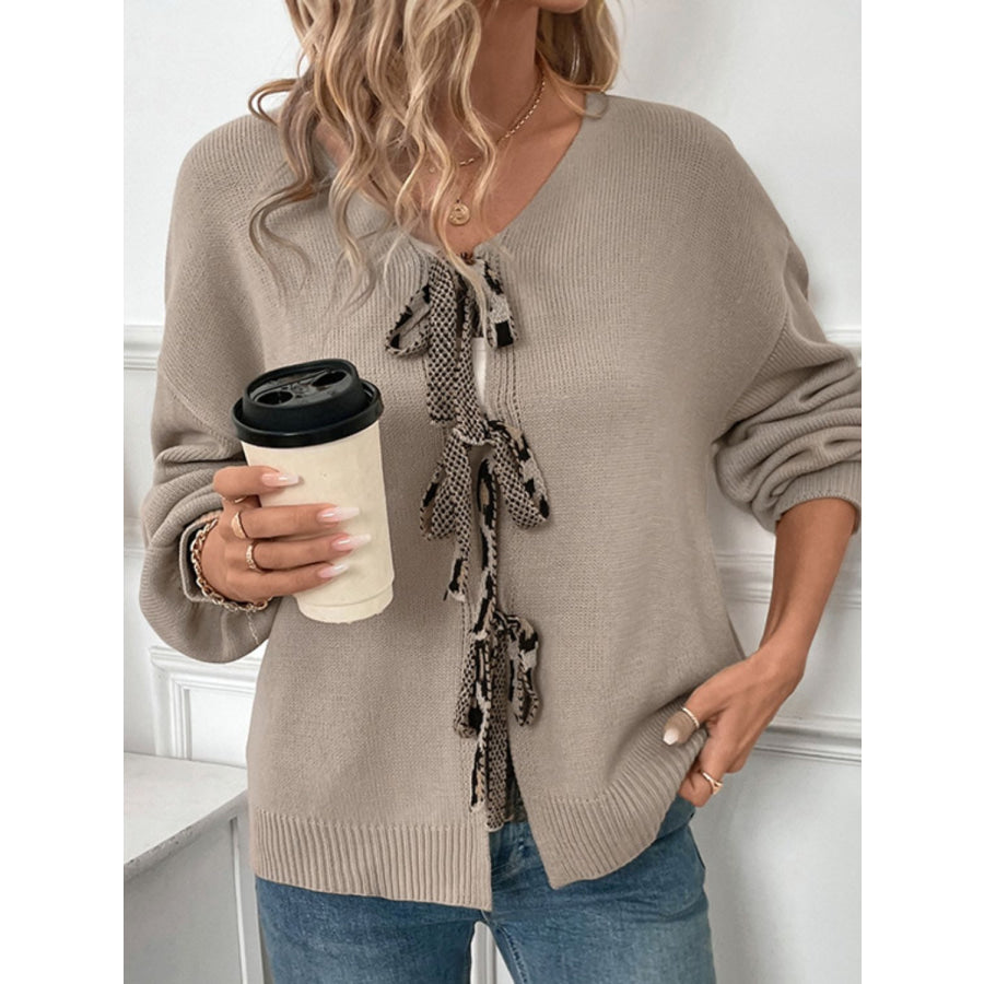 Perfee Tied Contrast Heart V-Neck Long Sleeve Cardigan Apparel and Accessories