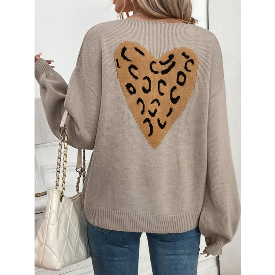 Perfee Tied Contrast Heart V-Neck Long Sleeve Cardigan Apparel and Accessories