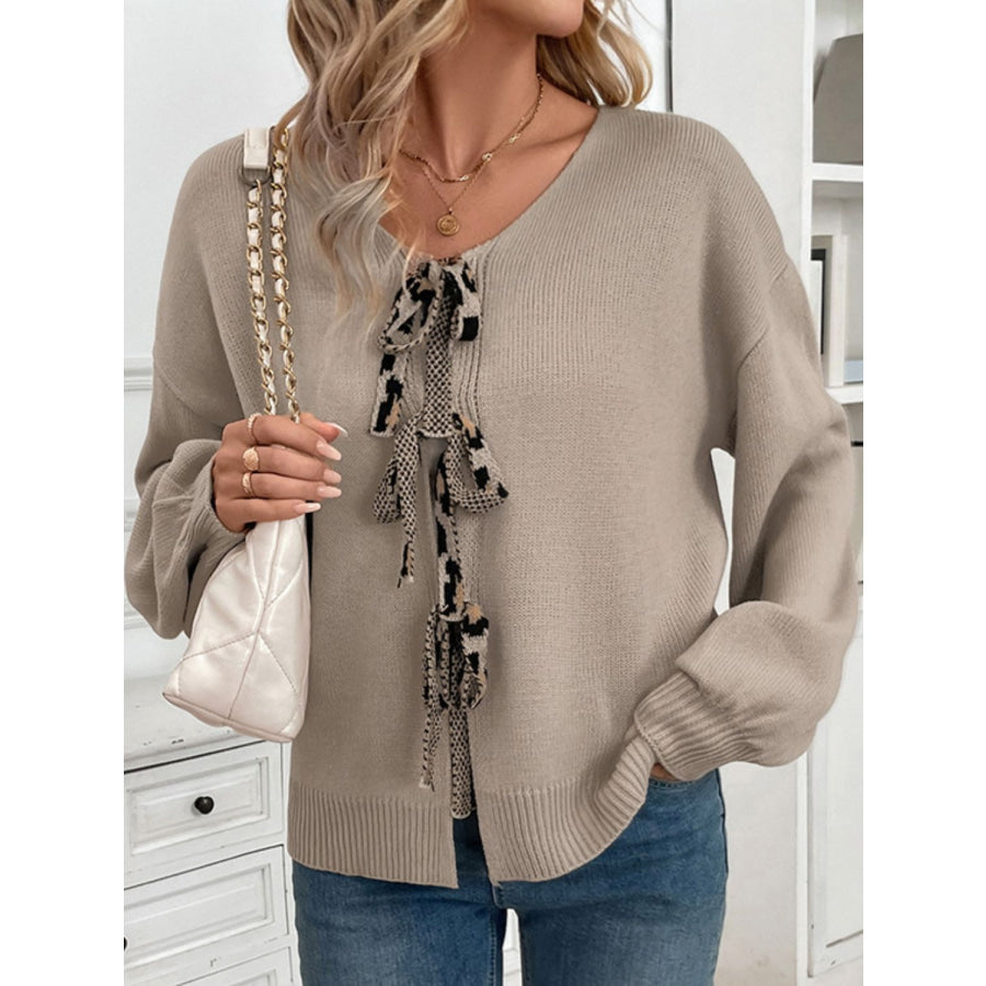 Perfee Tied Contrast Heart V-Neck Long Sleeve Cardigan Apparel and Accessories