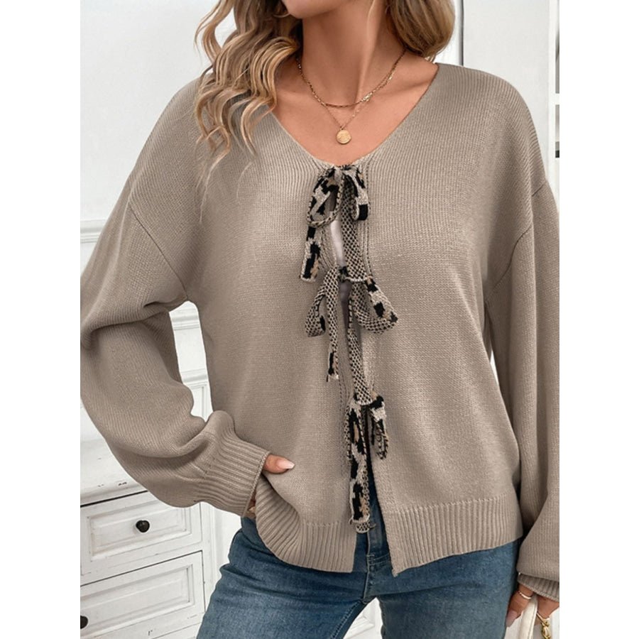 Perfee Tied Contrast Heart V-Neck Long Sleeve Cardigan Mocha / S Apparel and Accessories