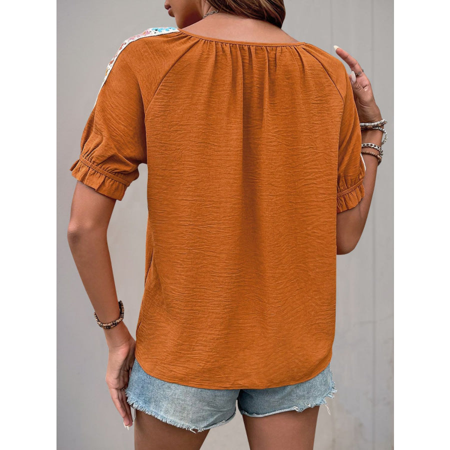 Perfee Tied Crochet Detail Short Sleeve Blouse Apparel and Accessories