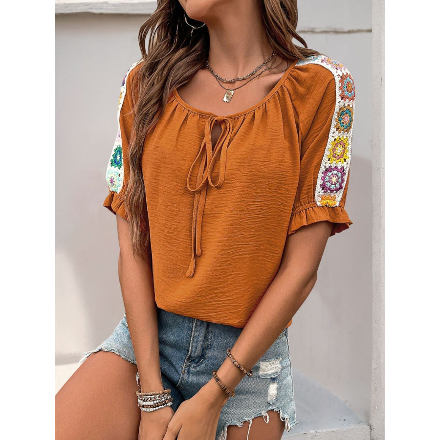 Perfee Tied Crochet Detail Short Sleeve Blouse Apparel and Accessories