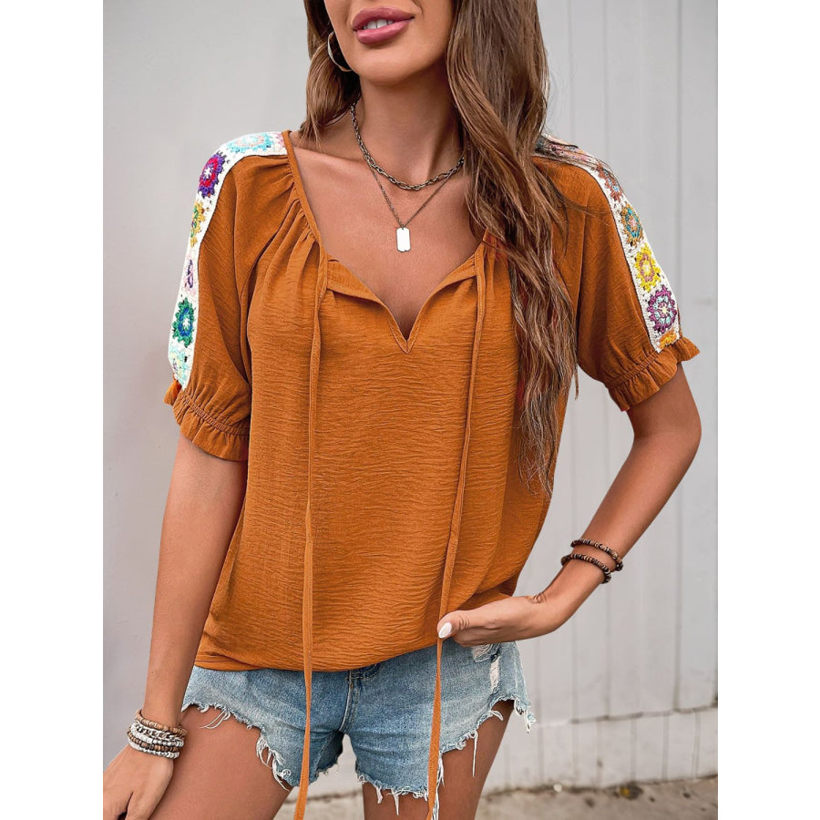 Perfee Tied Crochet Detail Short Sleeve Blouse Apparel and Accessories