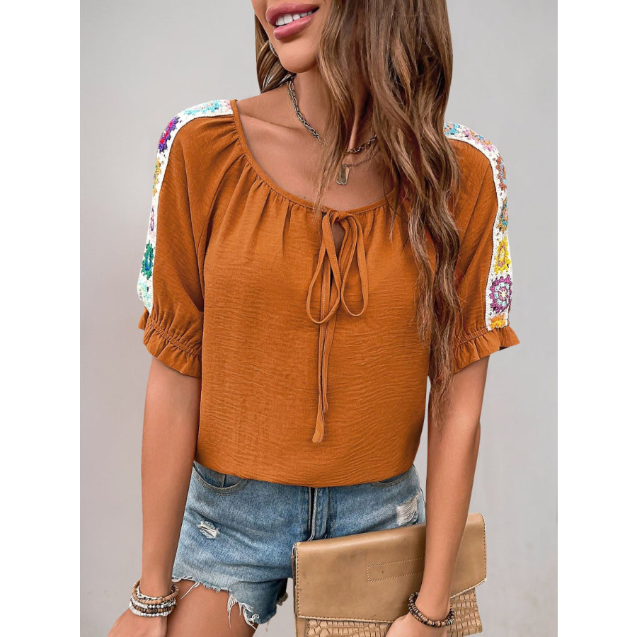 Perfee Tied Crochet Detail Short Sleeve Blouse Pumpkin / S Apparel and Accessories