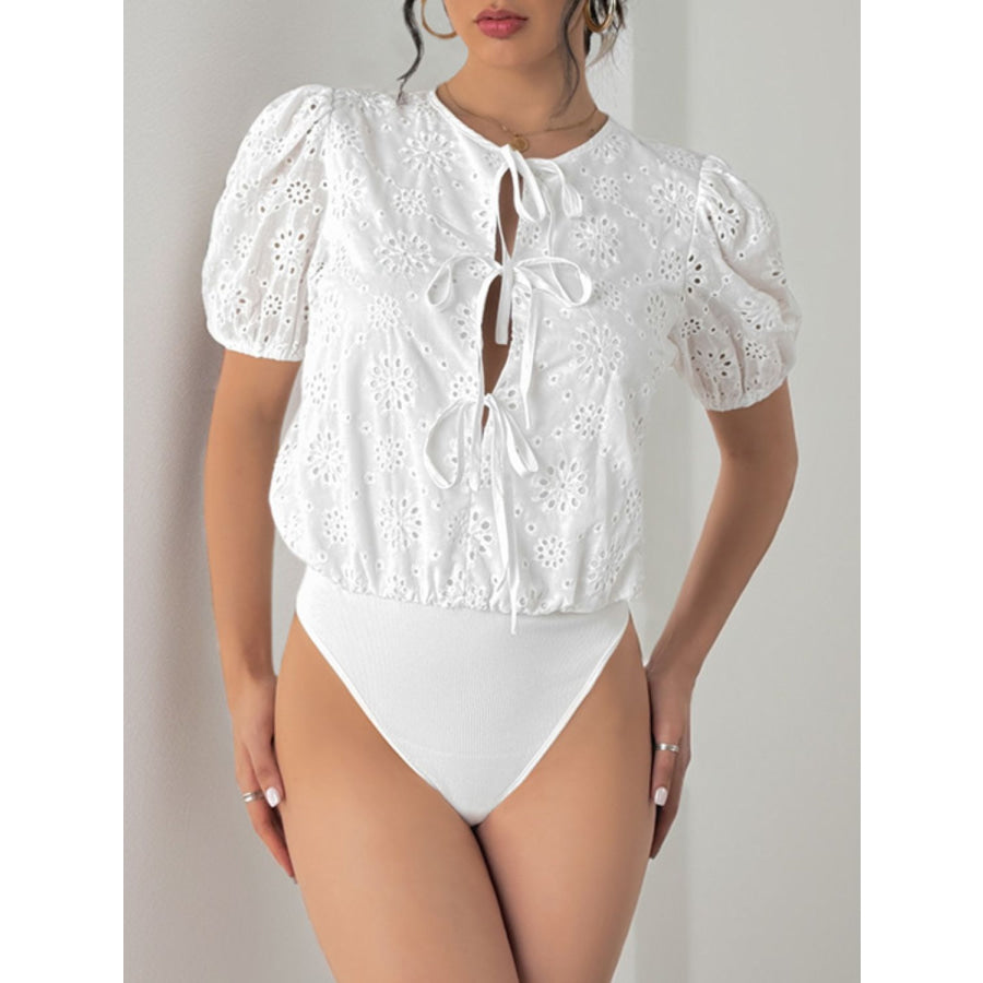 Perfee Tied Eyelet Short Sleeve Bodysuit Apparel and Accessories