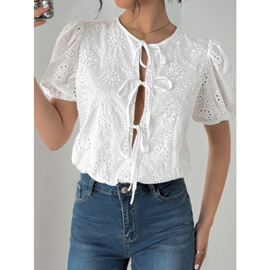 Perfee Tied Eyelet Short Sleeve Bodysuit Apparel and Accessories