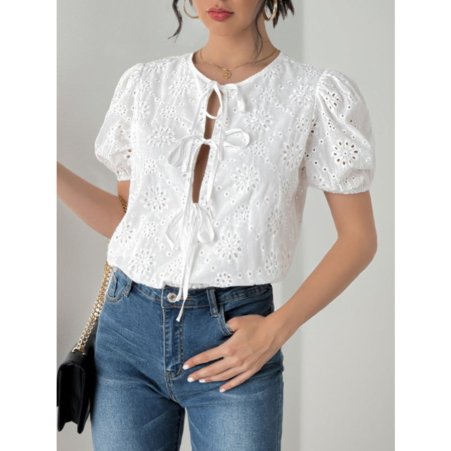 Perfee Tied Eyelet Short Sleeve Bodysuit White / S Apparel and Accessories