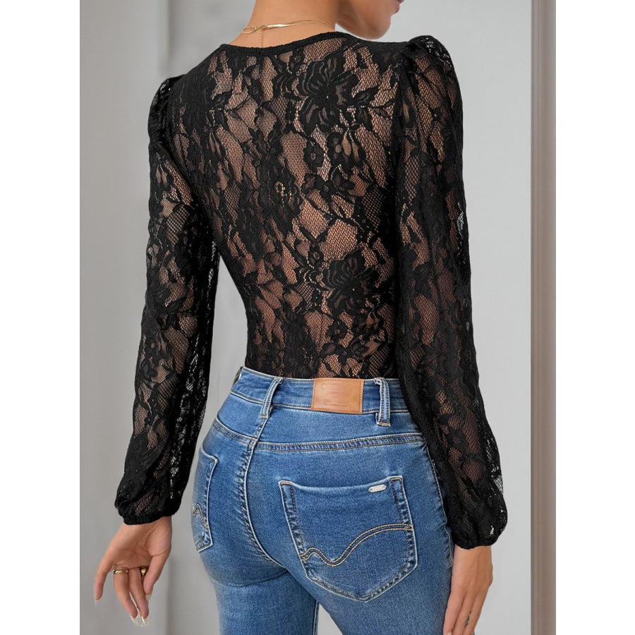 Perfee Tied Lace Long Sleeve Bodysuit Black / S Apparel and Accessories