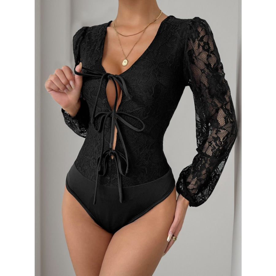 Perfee Tied Lace Long Sleeve Bodysuit Apparel and Accessories