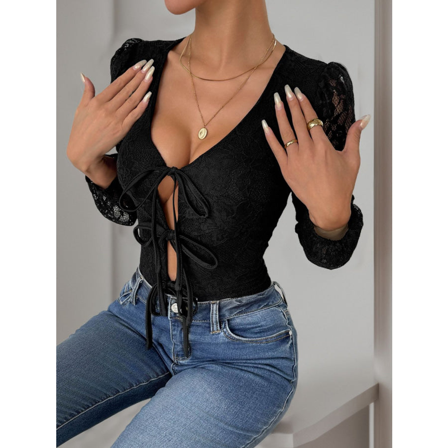 Perfee Tied Lace Long Sleeve Bodysuit Apparel and Accessories