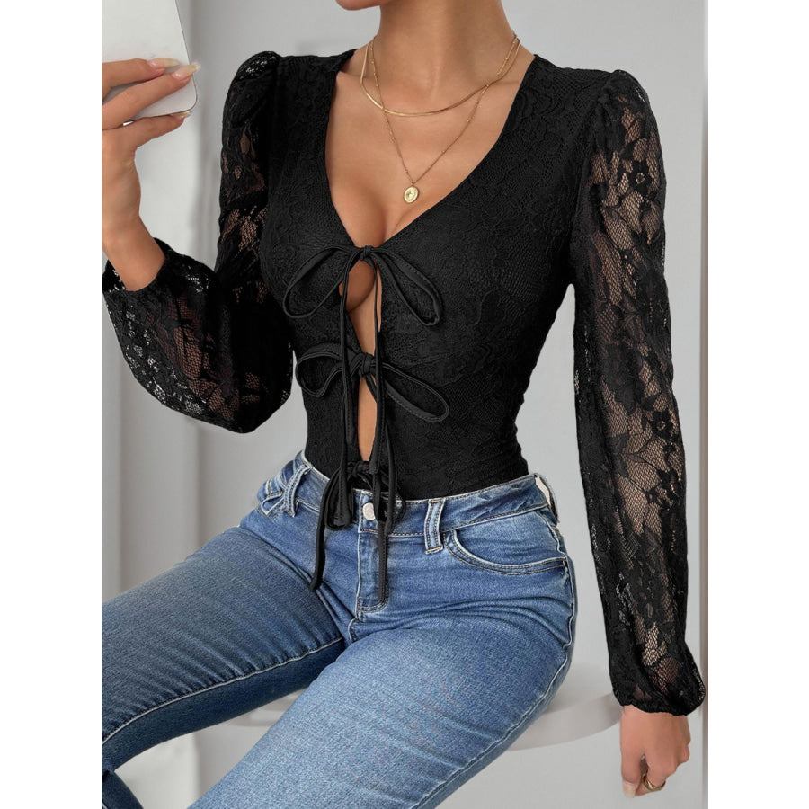 Perfee Tied Lace Long Sleeve Bodysuit Apparel and Accessories