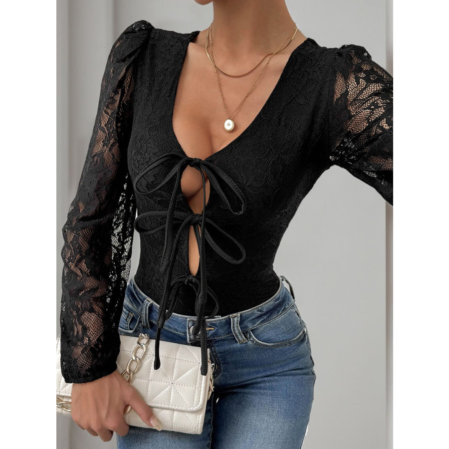 Perfee Tied Lace Long Sleeve Bodysuit Black / S Apparel and Accessories