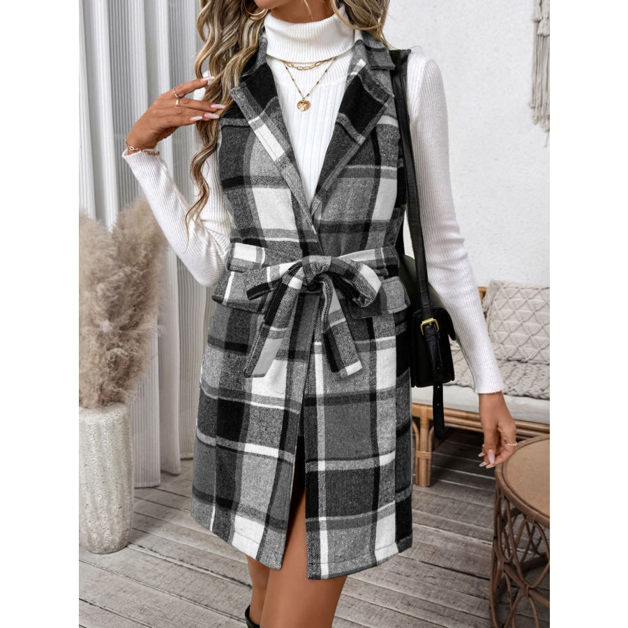 Perfee Tied Plaid Vest Coat Dark Gray / S Apparel and Accessories