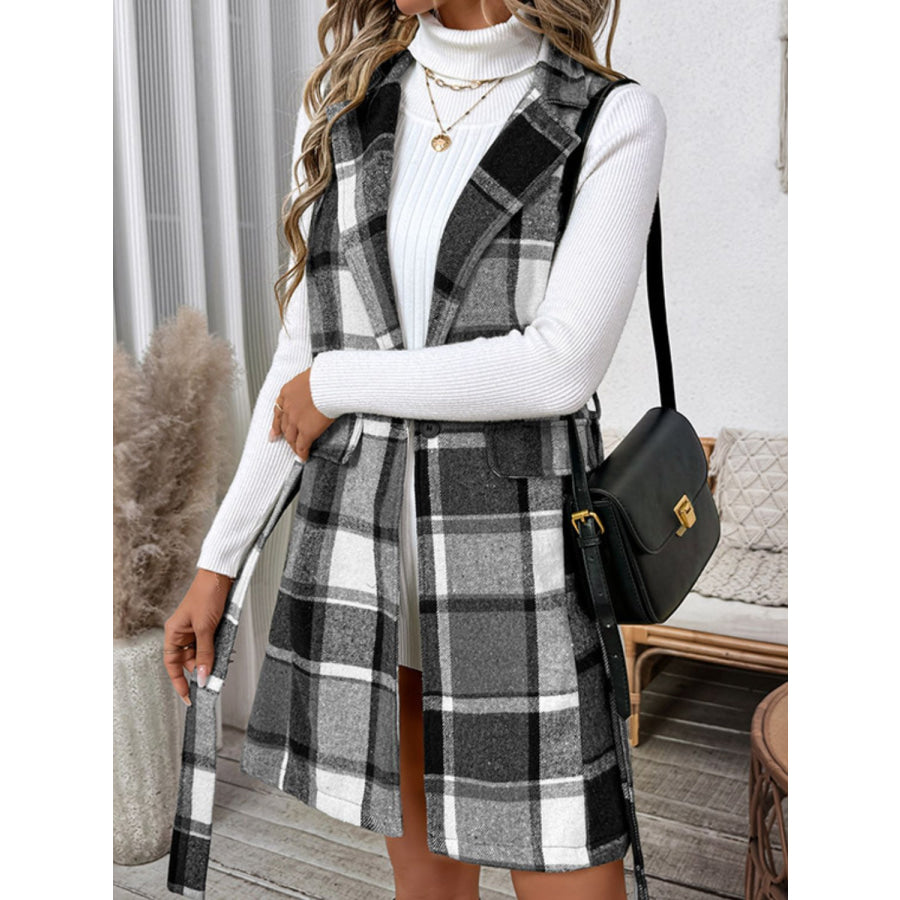 Perfee Tied Plaid Vest Coat Apparel and Accessories