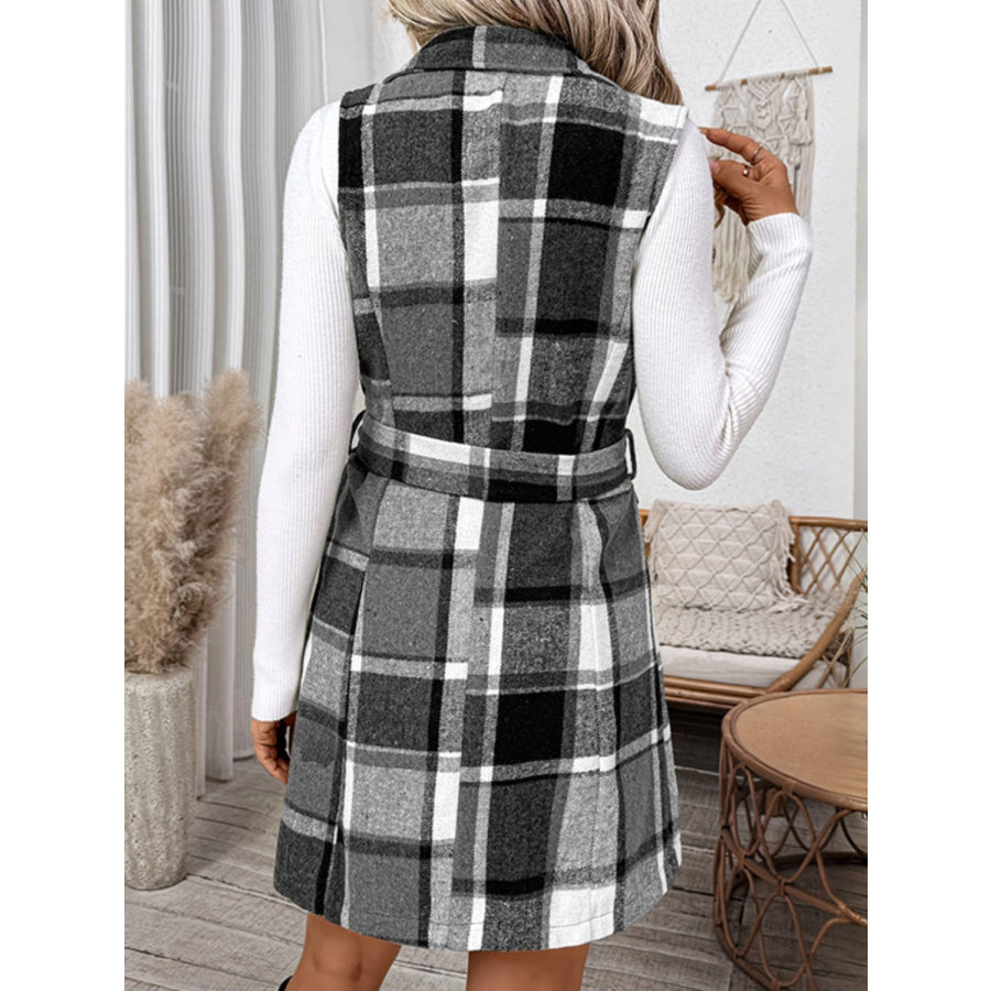 Perfee Tied Plaid Vest Coat Apparel and Accessories