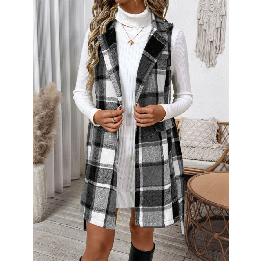 Perfee Tied Plaid Vest Coat Dark Gray / S Apparel and Accessories