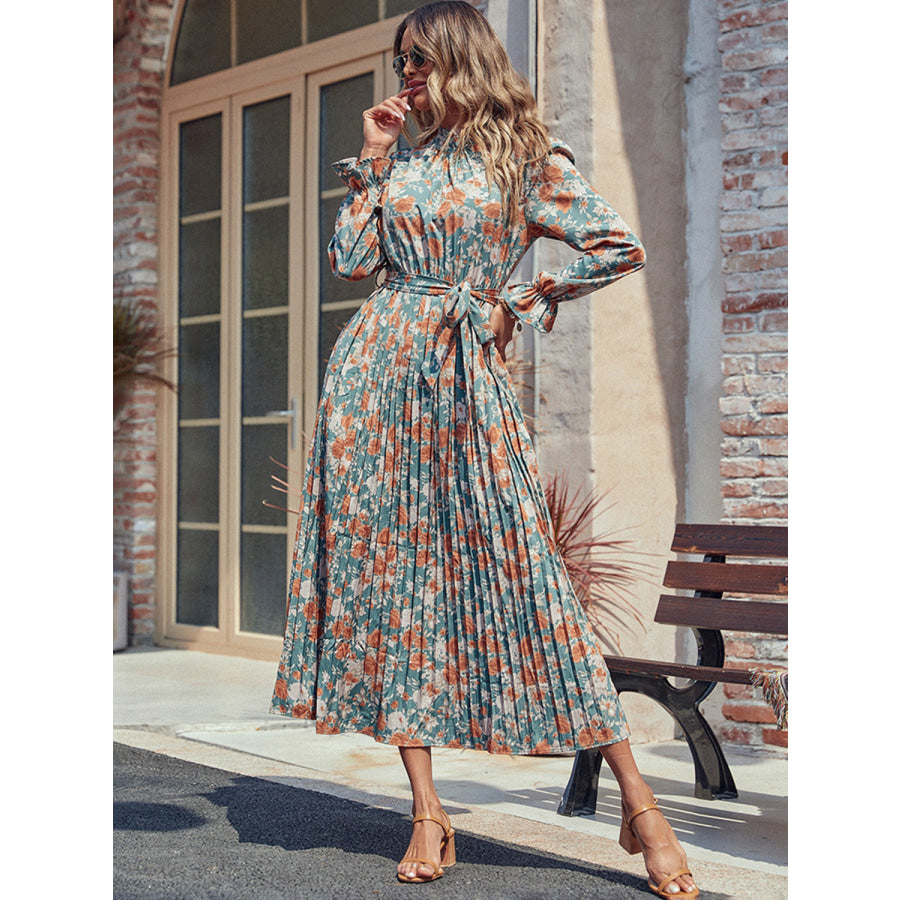 Perfee Tied Pleated Printed Mock Neck Long Sleeve Dress Apparel and Accessories