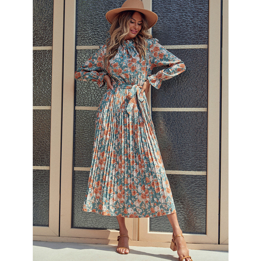 Perfee Tied Pleated Printed Mock Neck Long Sleeve Dress Apparel and Accessories