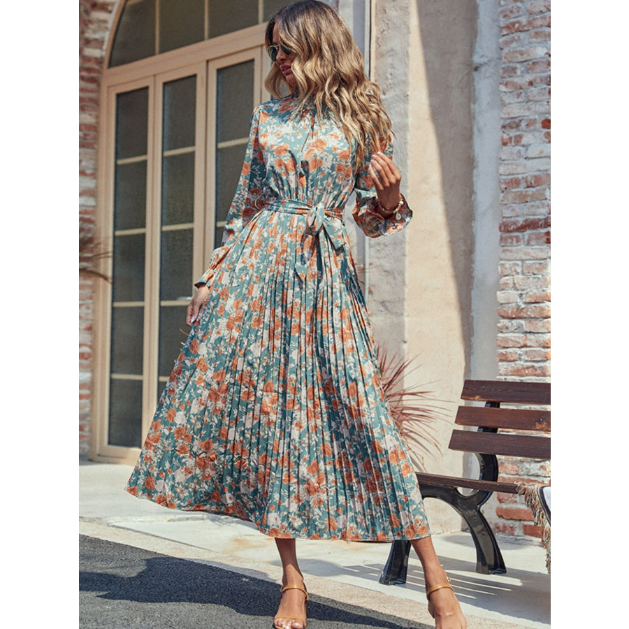 Perfee Tied Pleated Printed Mock Neck Long Sleeve Dress Apparel and Accessories