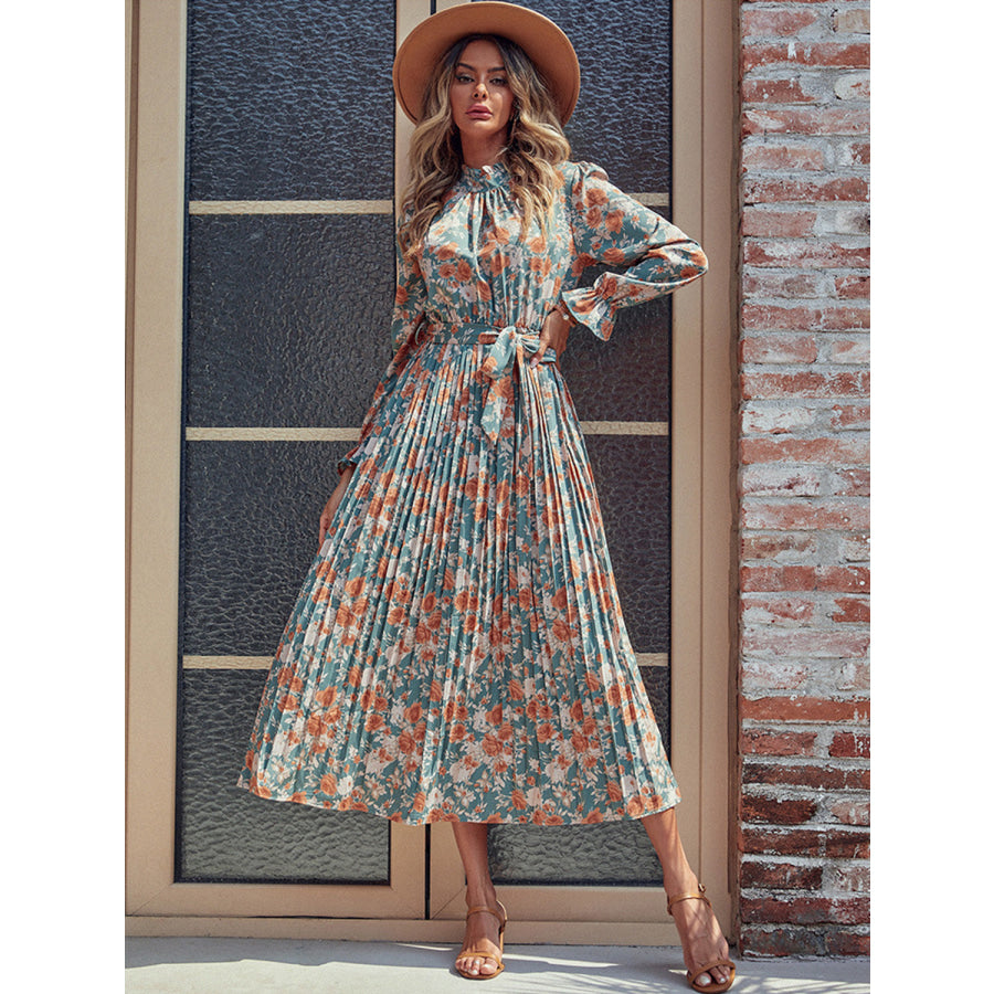 Perfee Tied Pleated Printed Mock Neck Long Sleeve Dress Apparel and Accessories