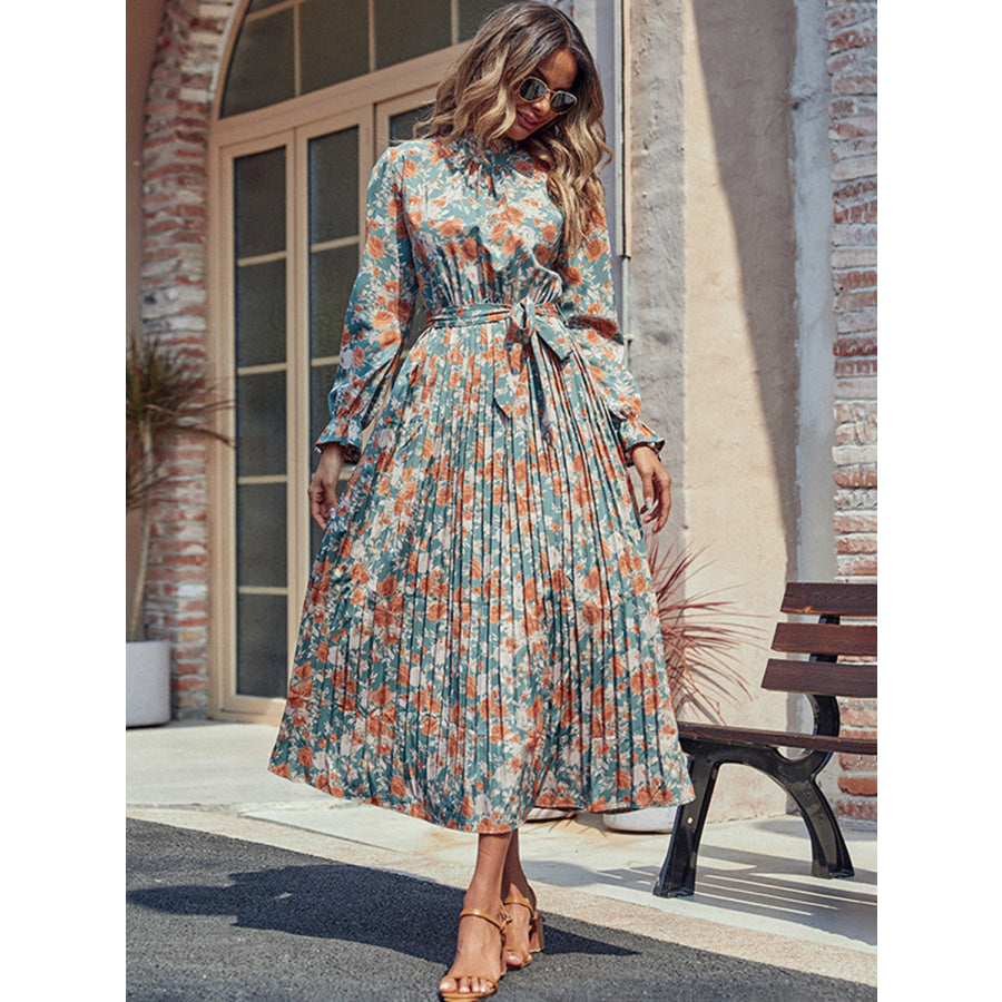 Perfee Tied Pleated Printed Mock Neck Long Sleeve Dress Apparel and Accessories