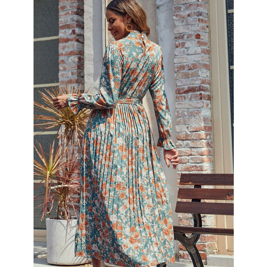 Perfee Tied Pleated Printed Mock Neck Long Sleeve Dress Apparel and Accessories