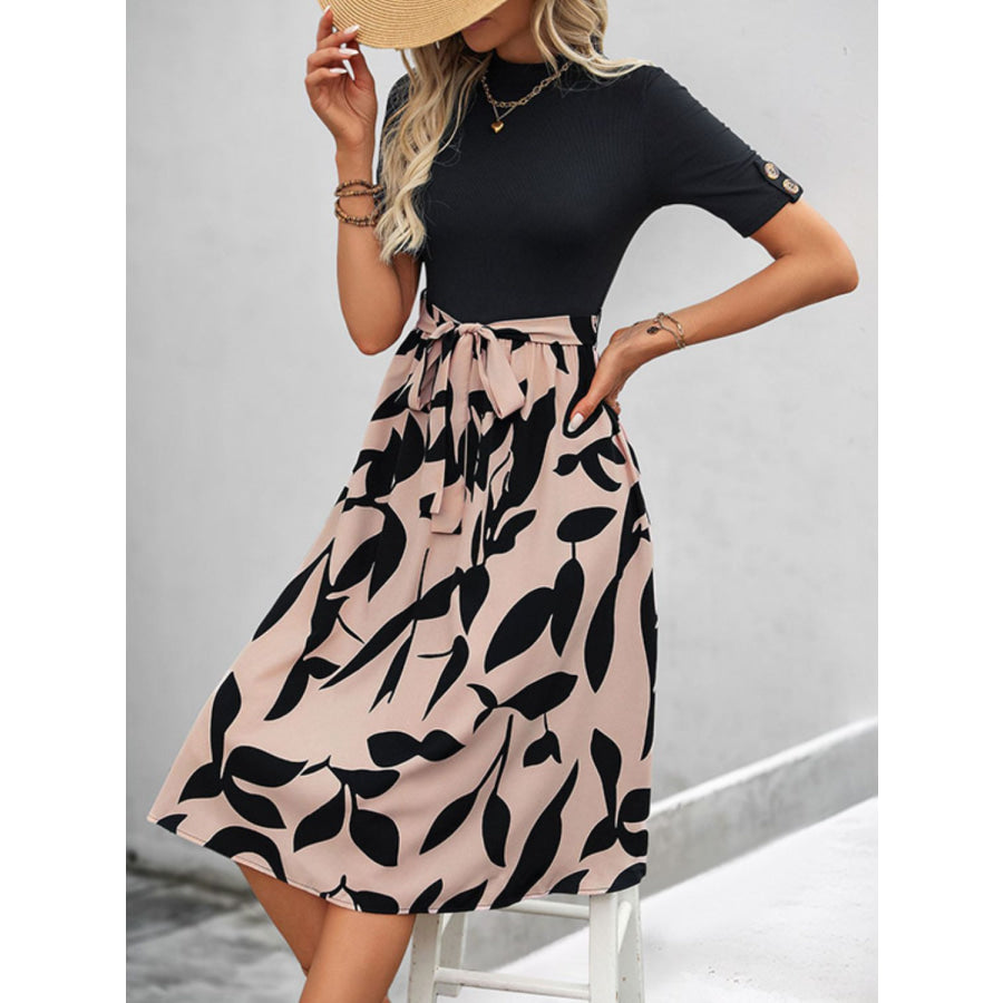 Perfee Tied Printed Mock Neck Short Sleeve Dress Apparel and Accessories