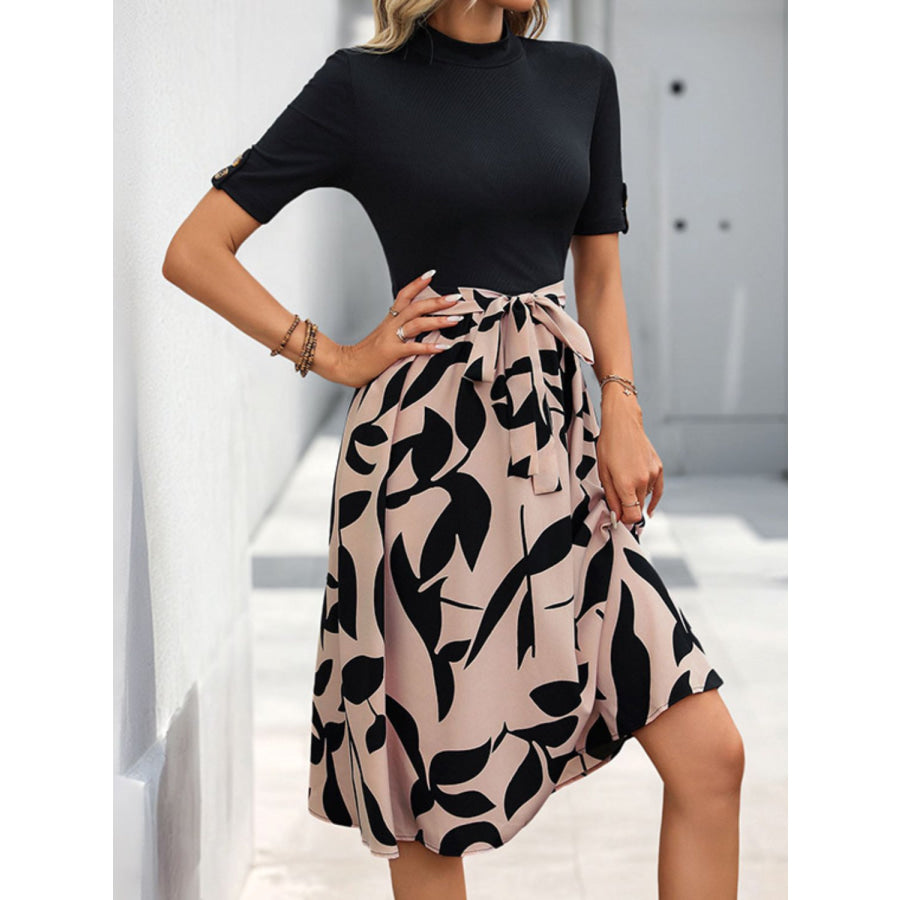 Perfee Tied Printed Mock Neck Short Sleeve Dress Apparel and Accessories