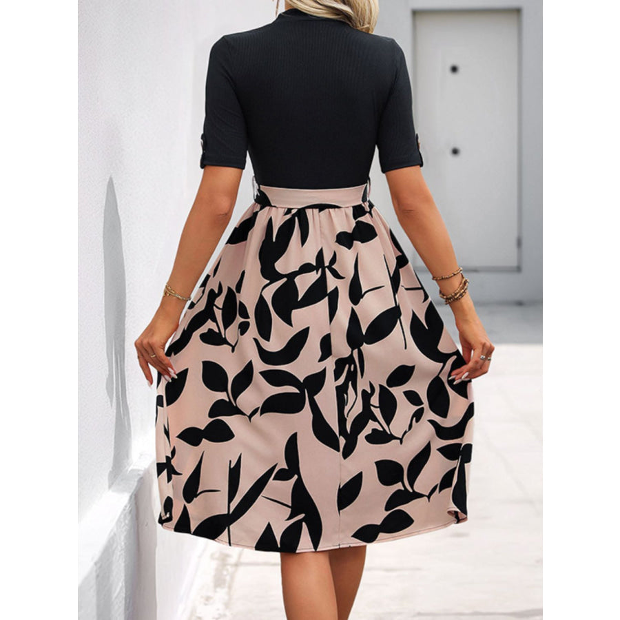 Perfee Tied Printed Mock Neck Short Sleeve Dress Apparel and Accessories