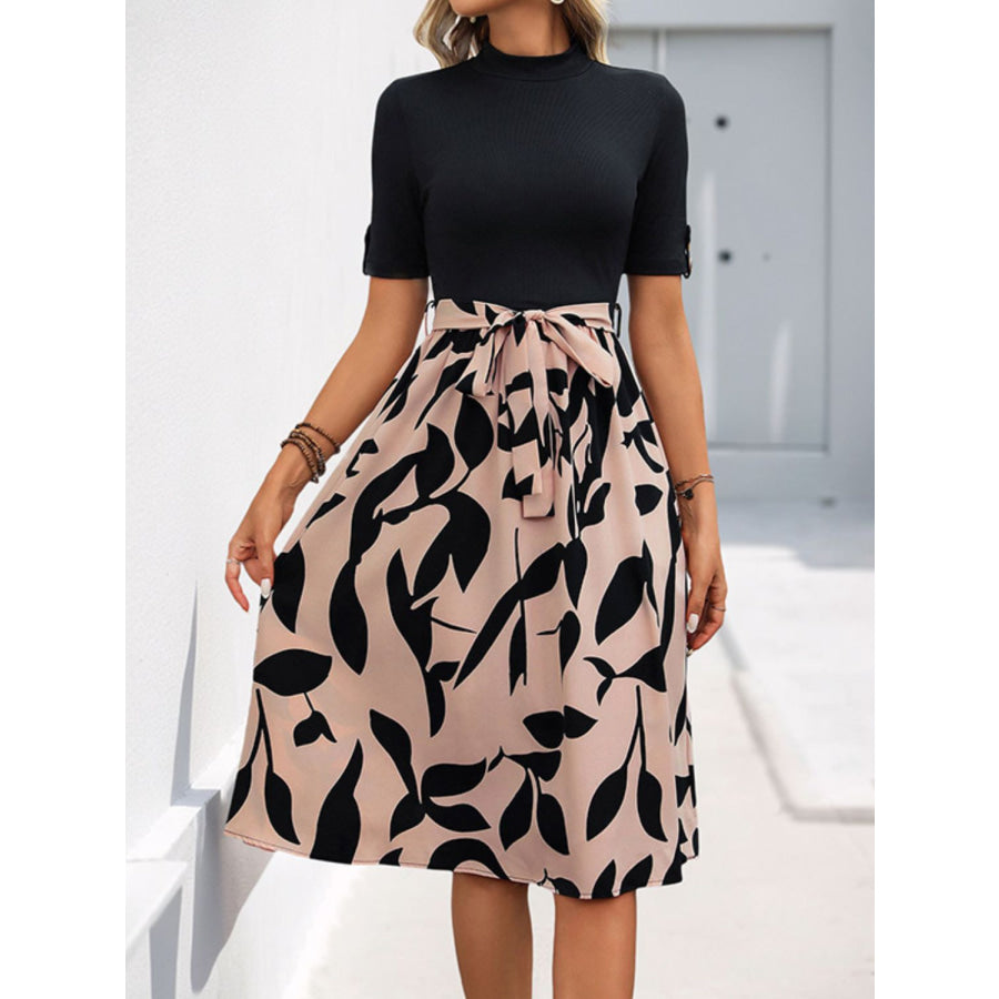 Perfee Tied Printed Mock Neck Short Sleeve Dress Black / S Apparel and Accessories