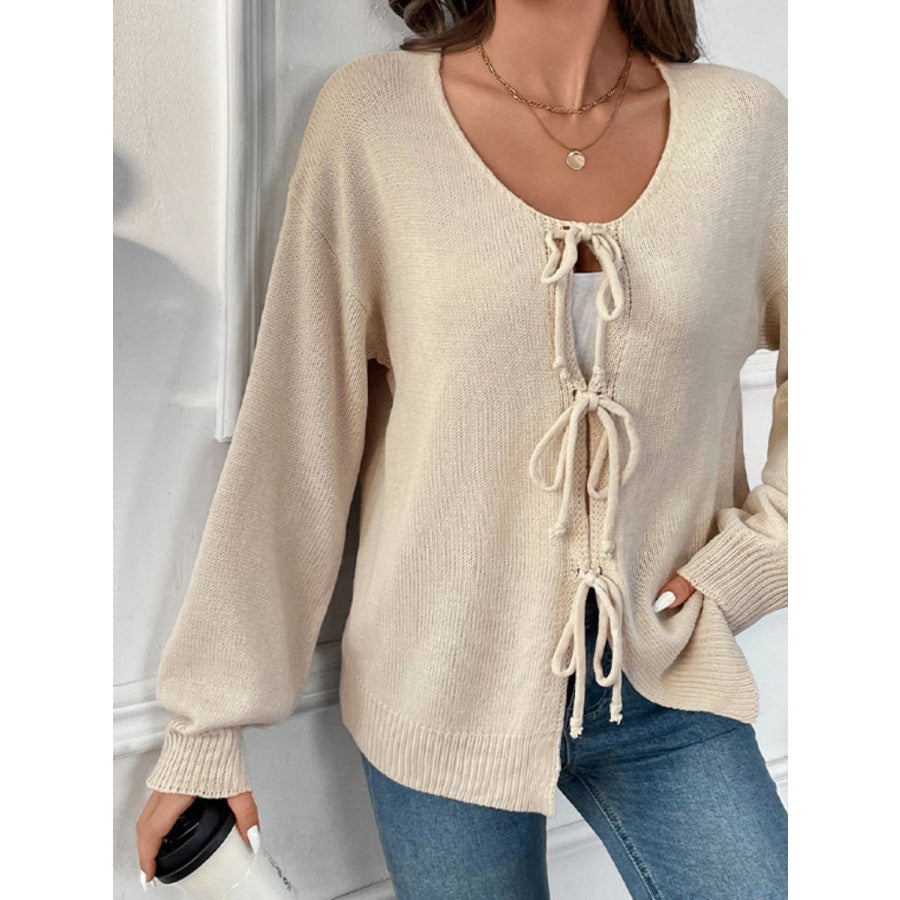 Perfee Tied Round Neck Long Sleeve Cardigan Apparel and Accessories