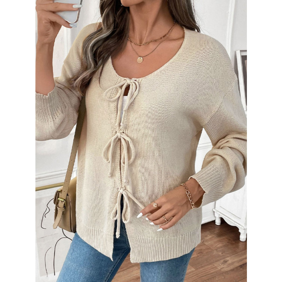 Perfee Tied Round Neck Long Sleeve Cardigan Apparel and Accessories